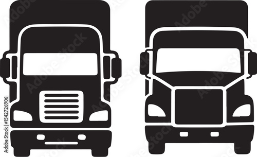 Two semi truck icons front view black silhouette