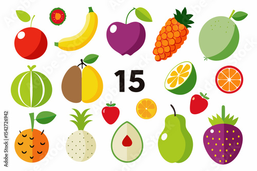 Fifteen different kinds of fruits vector illustration A collection of colorful fruits including apple banana cherry pineapple orange strawberry pear avocado and others on white