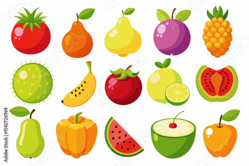Colorful Cartoon Fruit Collection Vector Illustration featuring a variety of fresh and vibrant fruits like apples pears watermelon pineapple banana and other exotic fruits on