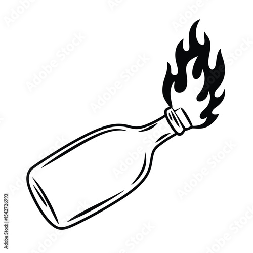 Molotov cocktail illustration in black and white outline style