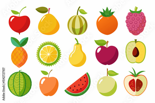 Collection of colorful cartoon fruit icons including apple pear watermelon pineapple lemon peach plum melon cherry raspberry and orange on a white background