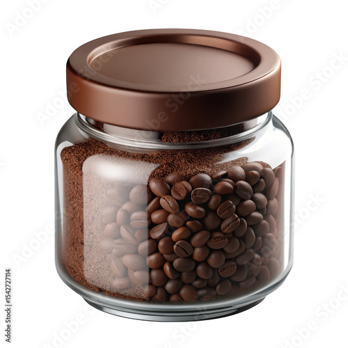 3d realistic coffee beans and ground coffee in glass jar isolated on transparent background