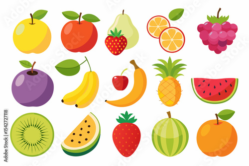 Collection of various cartoon style fruits including apples bananas oranges watermelon pineapple kiwi grapes strawberries pear plum cherry and other delicious fruits