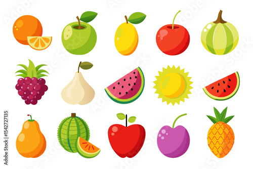 Collection of colorful cartoon fruits including orange apple lemon cherry melon raspberry pear watermelon plum pineapple isolated on a white background vector illustration