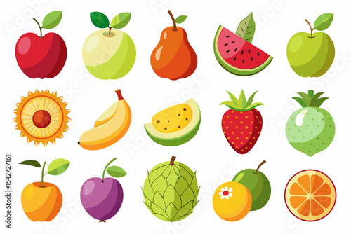 Collection of Colorful Cartoon Style Fruits Vector Illustration Including Apples Watermelon Pineapple Banana Pear Orange Dragon Fruit Plum and Other Tropical and Common Fruits