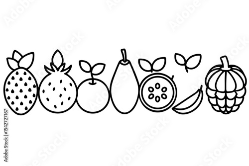 A simple line art illustration of various fruits including strawberries oranges pears and custard apples isolated on a white background perfect for coloring books or