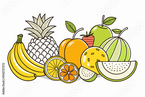 Vibrant and Colorful Fruit Still Life Illustration Featuring a Variety of Fresh Fruits Including Pineapple Bananas Oranges Strawberries and Melon on a Clean White Background