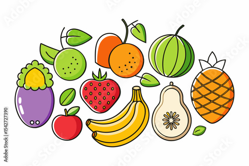 Colorful Cartoon Fruit Illustration Featuring a Variety of Fresh and Delicious Fruits Perfect for Healthy Eating Nutrition and Food Related Designs on a White Background