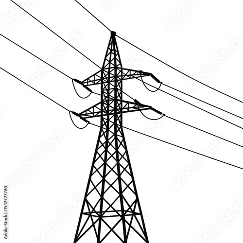 High voltage power line tower silhouette against a white background