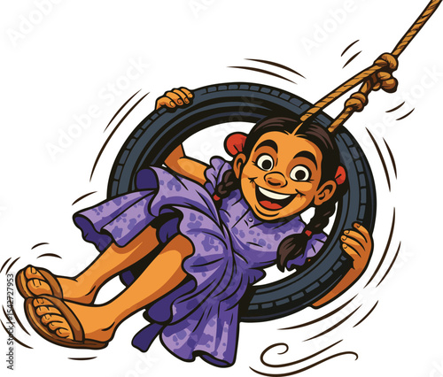  Kid girl playing in hanging tire vector illustration