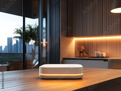A compact booster with glowing white antennas in a luxury apartment