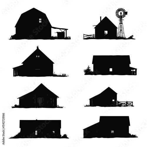 barn silhouette set, Black & White silhouette set