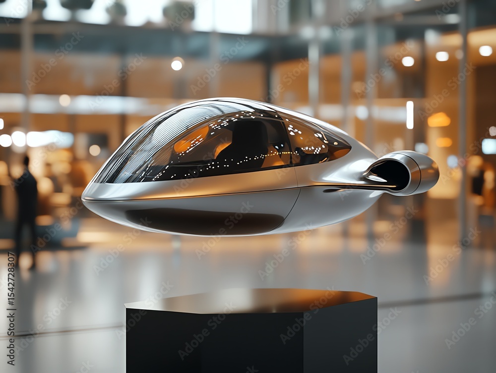 Obraz premium A futuristic booster floating slightly above a pedestal in a tech museum