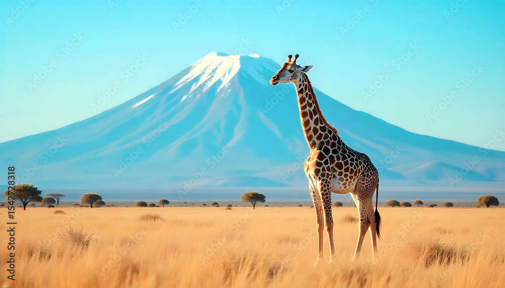Fototapeta premium Giraffe in African Savanna with Mountain