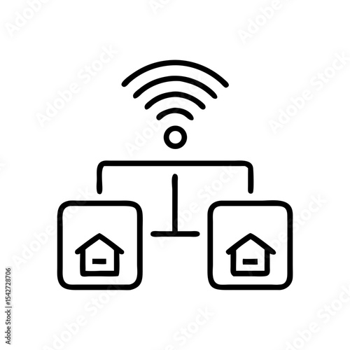 Smart home network diagram with connected devices and wireless signal  