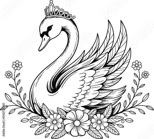 Elegant swan with crown surrounded by flowers black and white illustration