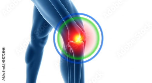A blue, anatomical illustration of a leg with a highlighted knee joint, surrounded by a colorful (red, green, and blue) circular overlay indicating pain or inflammation.
