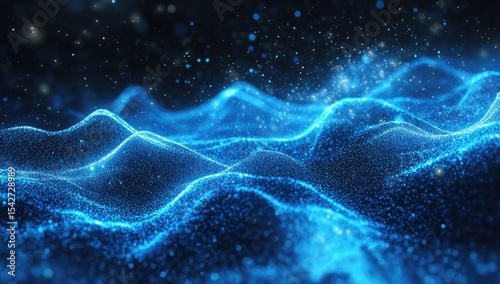 Abstract digital landscape of swirling, undulating blue particles