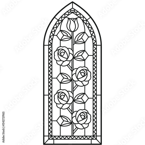 Elegant Rose Stained Glass Window Design in Black and White