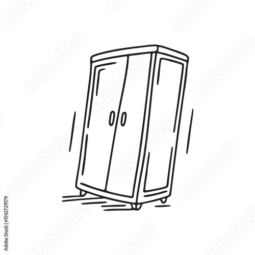 A cabinet leaning forward with its door left wide open