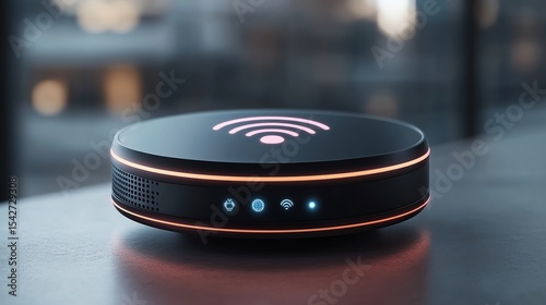 A futuristic WiFi booster with a levitating antenna glowing softly