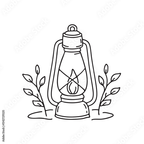A camp lantern sitting next to wet forest underbrush