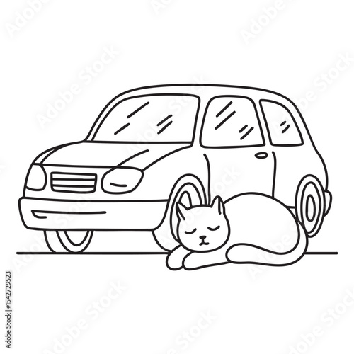 A cat sleeping under a parked car
