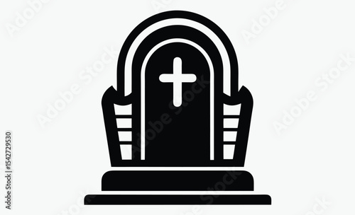 Gravestone silhouette icon, black and white cross, simple memorial symbol, minimal flat vector