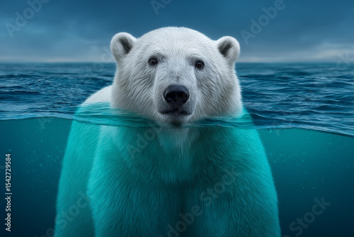 Polar Bear Swimming In The Ocean Water With Head Above The Surface