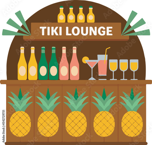 Tiki Lounge Bar Illustration Brown Wood Pineapple Decor Yellow Orange Green Drinks Bottles Flat Design