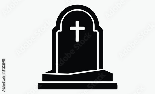 Gravestone silhouette icon, black and white cross, simple memorial symbol, minimal flat vector