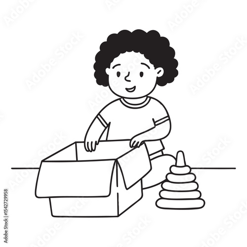 A child exploring a toy box on the floor