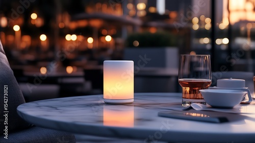 A portable booster glowing on a marble tabletop in a luxury cafe