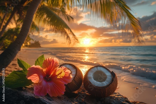 Fototapeta Naklejka Na Ścianę i Meble -  Tropical sunrise over the beach with coconuts and hibiscus.