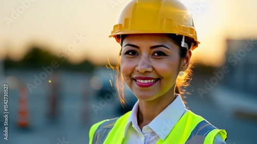 Smiling Asian female supervisor with clipboard on construction site. She reviews safety protocols diligently, ensuring that all workers feel secure while on the job.