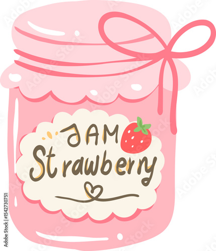 Strawberry Jam Jar with Bow Illustration, Cute Fruit Preserve Clipart, Kawaii Kitchen Pantry Graphic

