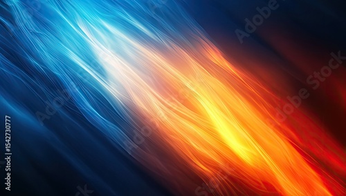 Abstract fire and ice.  Dynamic, flowing streaks of vibrant blue and orange/red meet in a dramatic display against a dark background