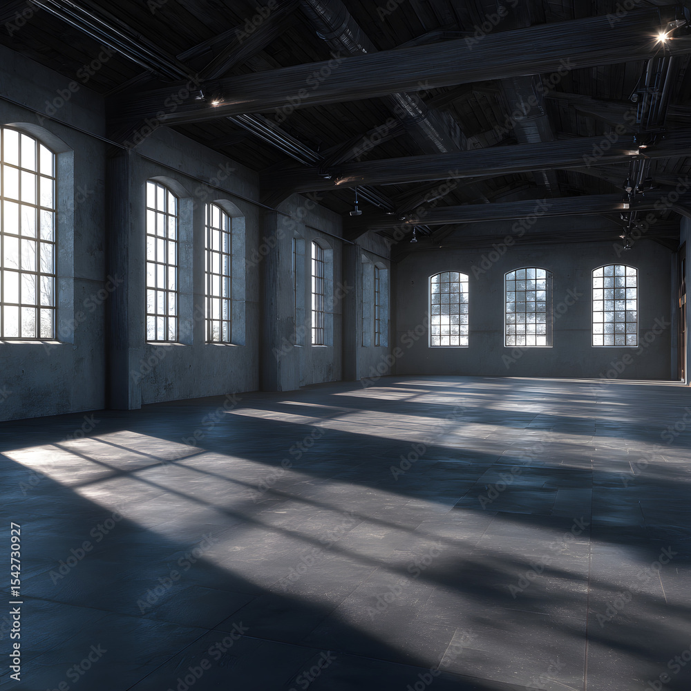 Fototapeta premium Sunlight streams into a vast, empty warehouse