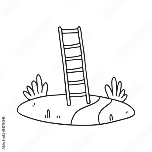 A ladder standing unevenly on a sloped garden path