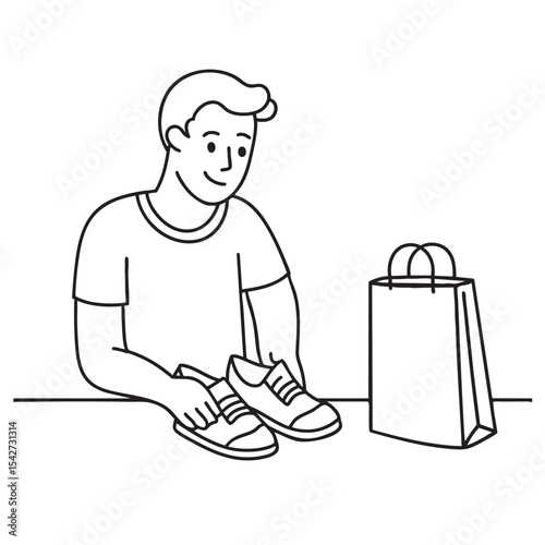 A man unboxing new shoes beside a shopping bag