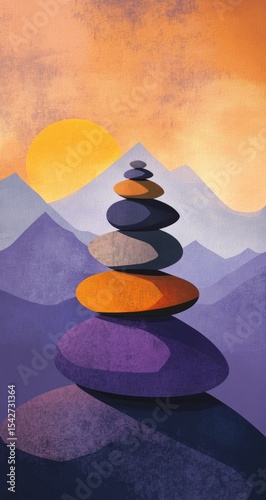 Stacked stones atop a mountain, sunset background