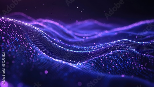 Abstract digital waves of particles in vibrant purples and blues.  A mesmerizing display of glowing, interconnected points forming flowing waves against a dark background