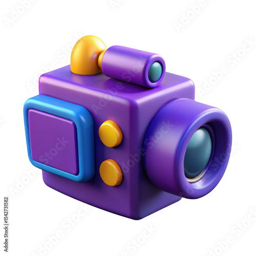 3d cartoon camcorder render purple and yellow isolated on transparent background