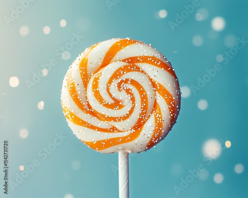Floating Orange and White Swirled Lollipop with Glitter and Sprinkles on Blue Background