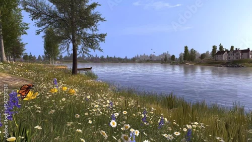 Riverside meadow filled with blooming wildflowers and tree shade near calm water and peaceful village view. Nature concept
