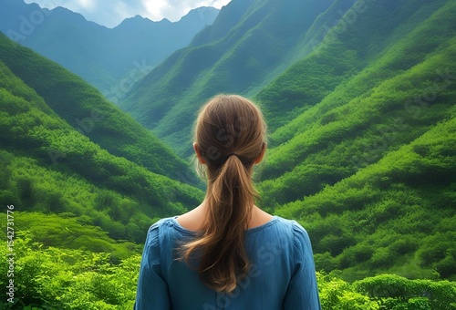 自然豊かな緑の山を見ている女の後ろ姿