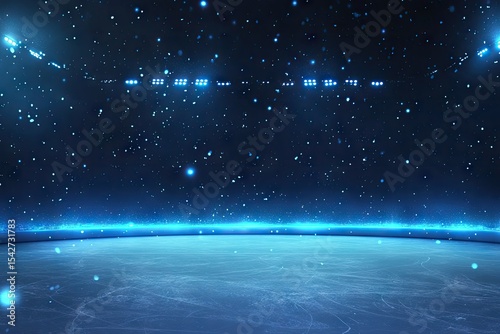 Dark arena, ice rink, glittering lights, falling snow