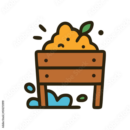 A wooden compost bin filled with organic waste and a small green leaf, with water splashing from the bottom.