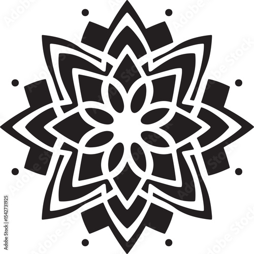 Symmetrical Black Mandala Design Intricate Geometric Pattern with Floral Motifs Decoration