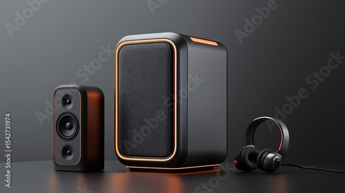 A sleek, glowing booster positioned next to a futuristic speaker system